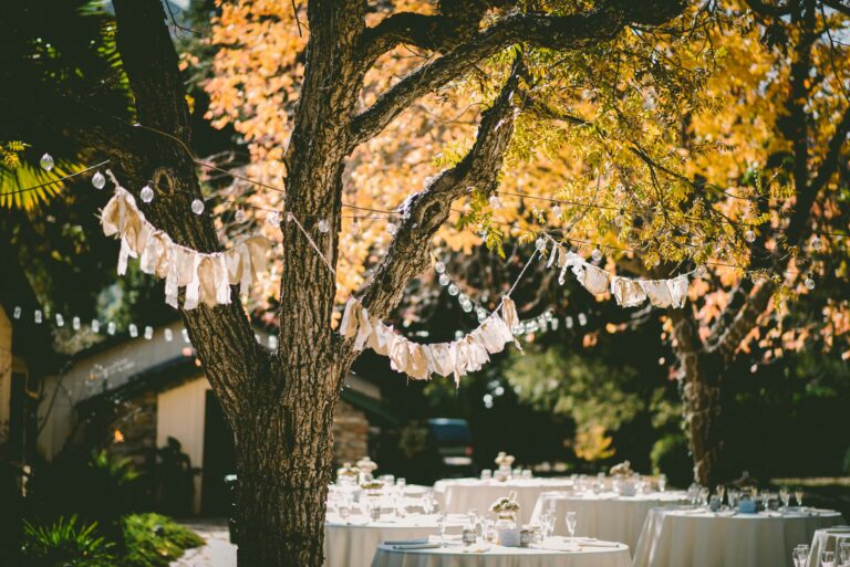 Outdoor anniversary celebration with party tables adorned with white linens, glasses, plates, and decorations in a backyard setting, Charlotte NC.