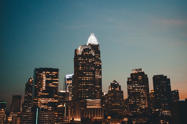 Charlotte city skyline at night, showcasing best place to celebrate birthday in Charlotte with stunning dining view.