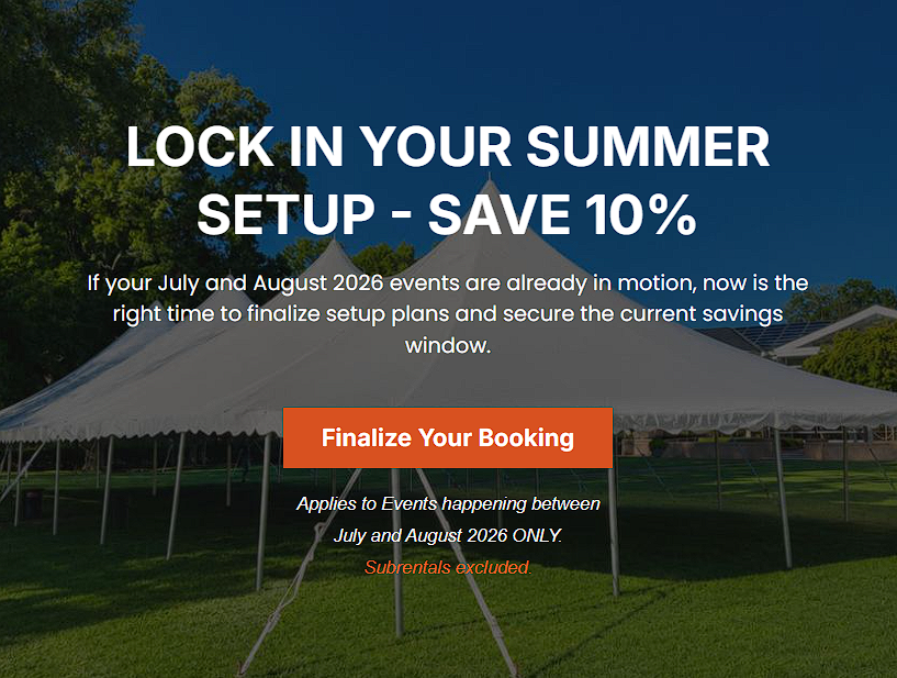 Summer 2026 tent rental promo - save 10% on setup, code SUMMER2026